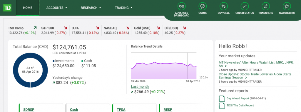 TD Direct Investing home screen