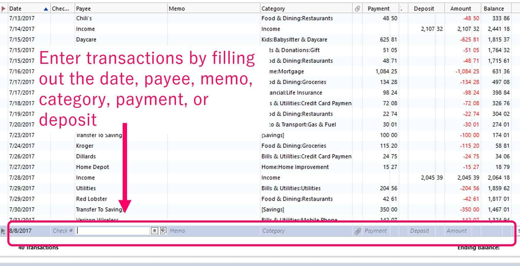 Enter transaction into Quicken