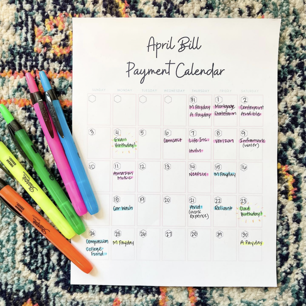 A bill payment calendar with highlighters